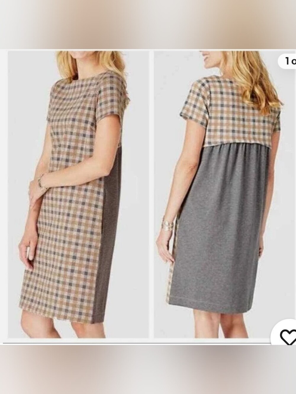 J.Jill Plaid Ponte Short Sleeve Pocket Shift Dress Tan Gray